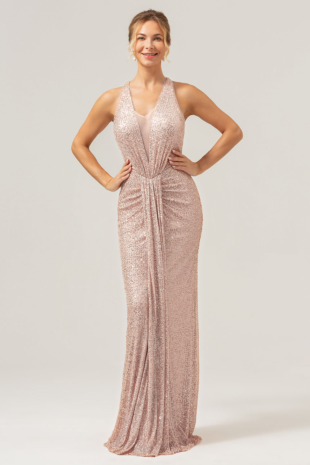 Wedtrend Women Sparkly Blush Prom Dress with Sequins Mermaid Halter Ruched Long Evening Dress WEDTREND Wedtrend Women Sparkly Blush Prom Dress with Sequins Mermaid Halter Ruched Long Evening Dress WEDTREND