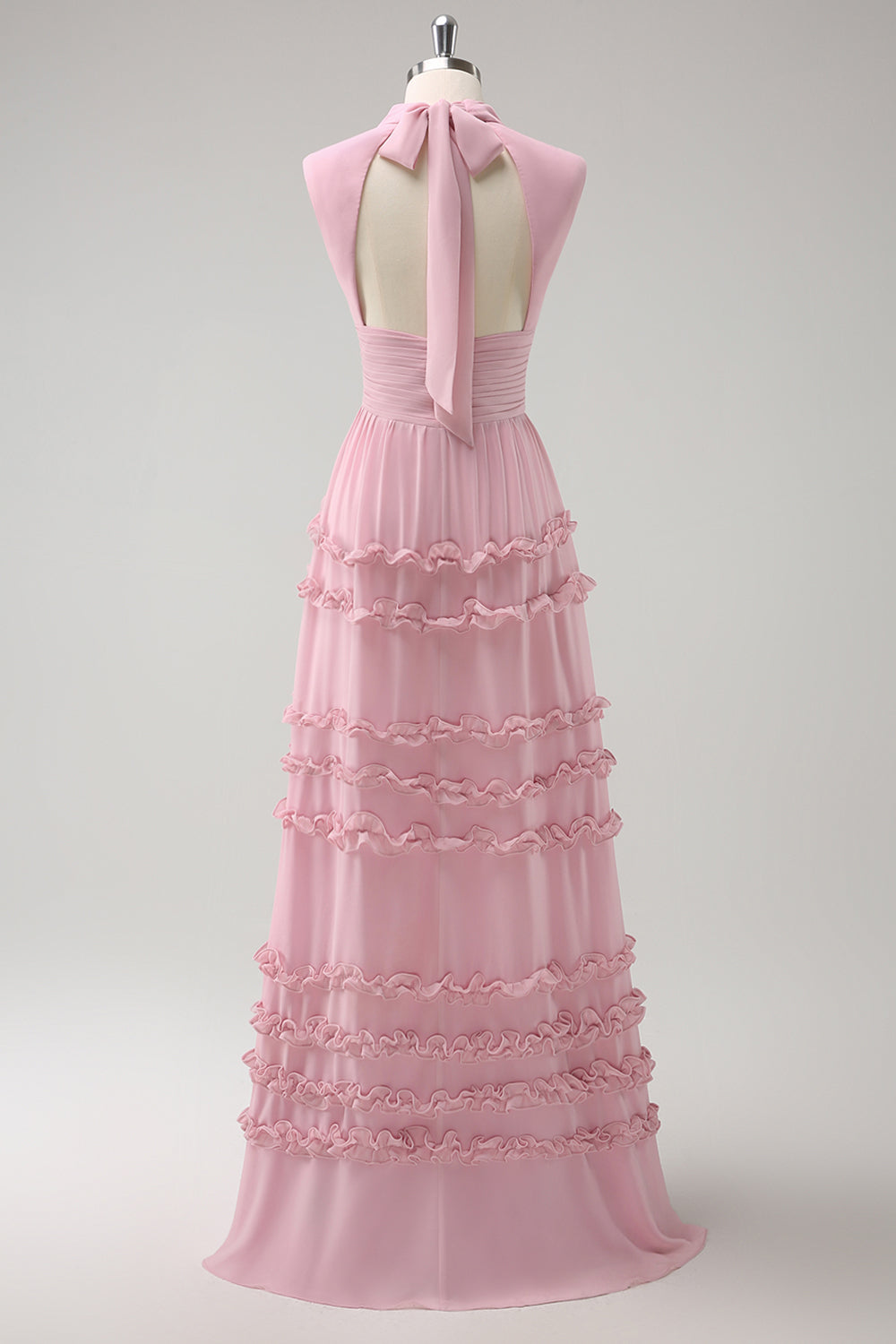 Wedtrend Women Blush Pink Bridesmaid Dress with Lace Up Back A Line High Neck Chiffon Ruffle Pleated Wedding Guest Dress, Blush Pink / US2