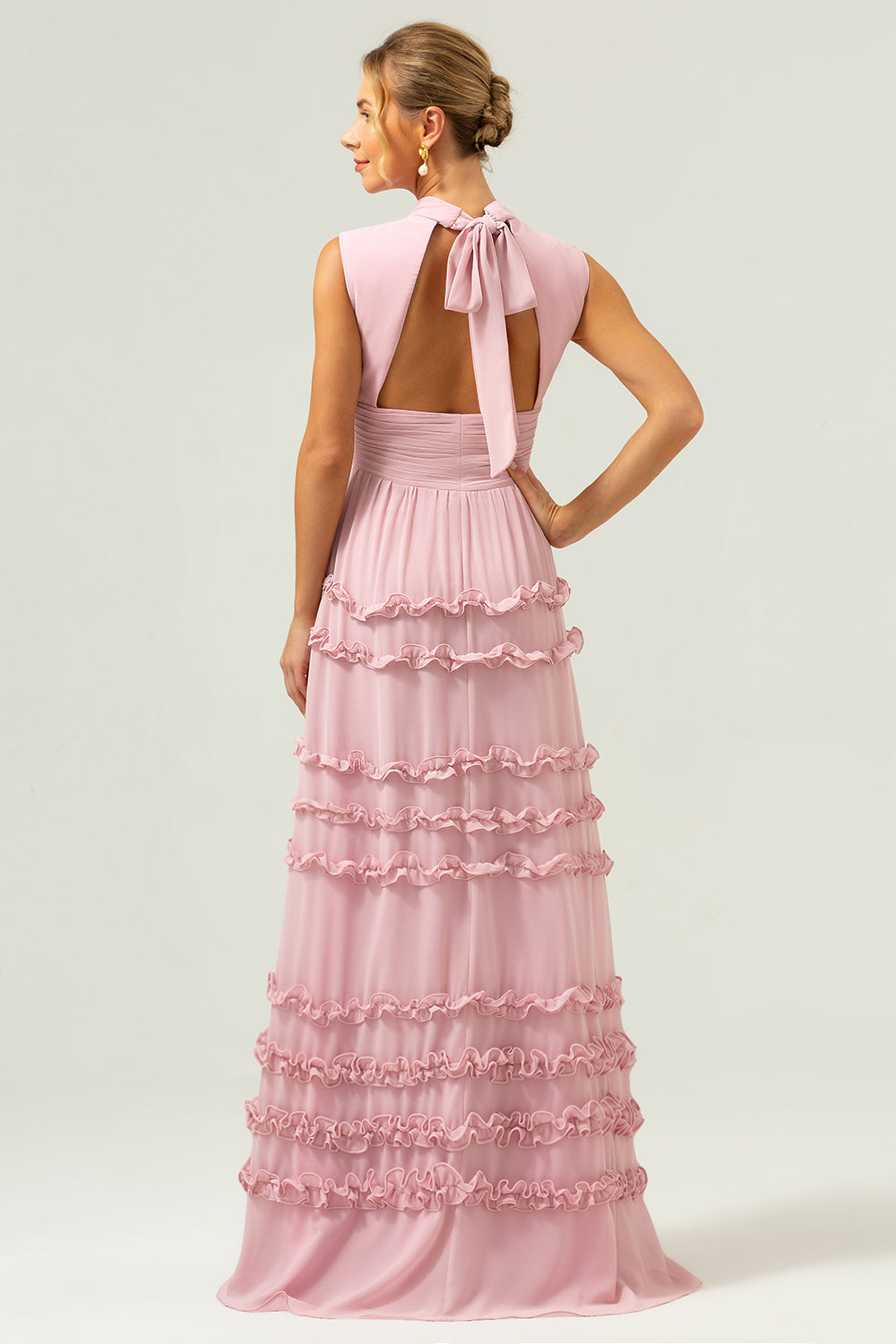 Wedtrend Women Blush Pink Bridesmaid Dress with Lace Up Back A Line High Neck Ruched Tiered Long Wedding Guest Dress WEDTREND Wedtrend Women Blush Pink Bridesmaid Dress with Lace Up Back A Line High Neck Ruched Tiered Long Wedding Guest Dress WEDTREND