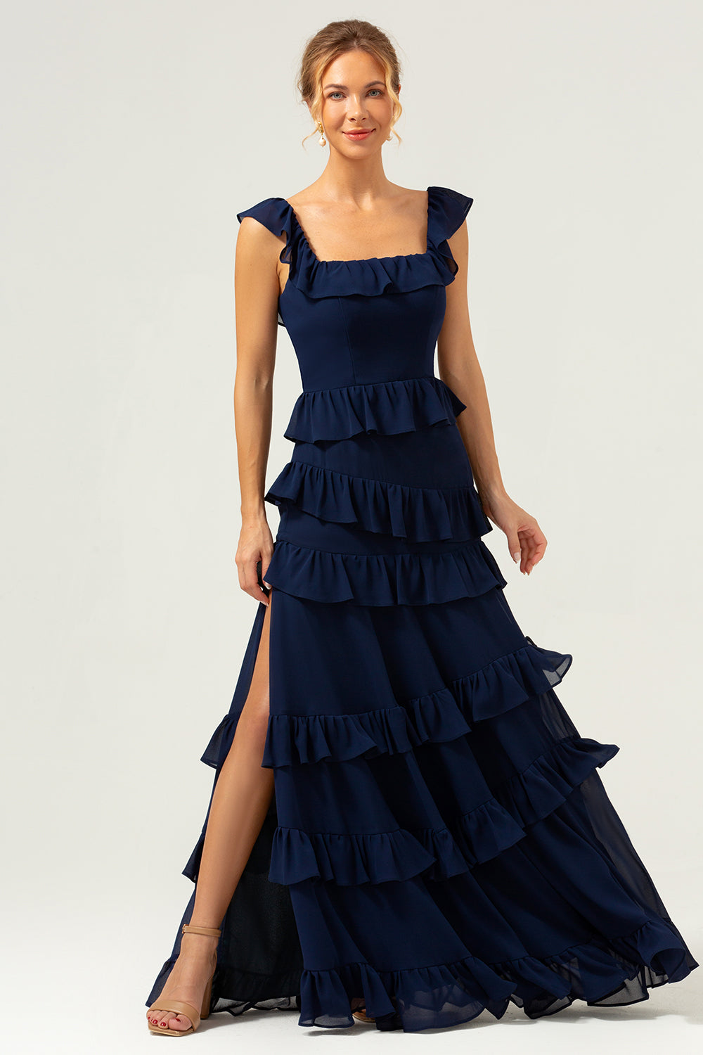 Wedtrend Women Dark Navy Bridesmaid Dress A-Line Square Neck Tiered Long Wedding Guest Dress WEDTREND Wedtrend Women Dark Navy Bridesmaid Dress A-Line Square Neck Tiered Long Wedding Guest Dress WEDTREND