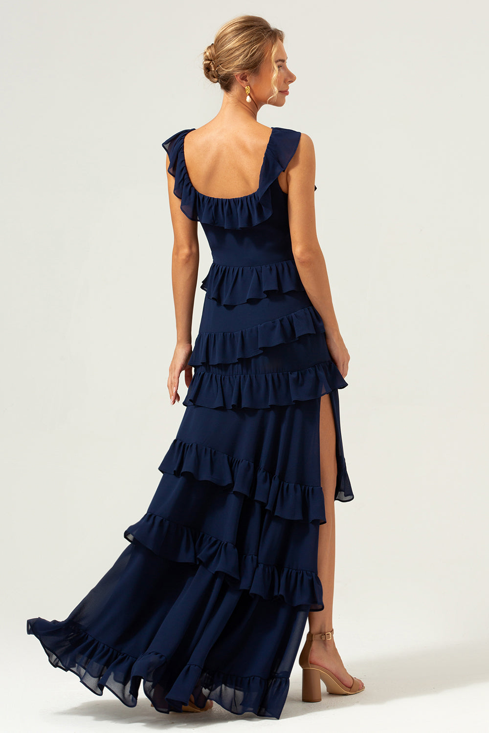 navy blue high low bridesmaid dresses Navy Illusion Neck Long Satin Bridesmaid Dresses with Sheer Champagne Lace Top