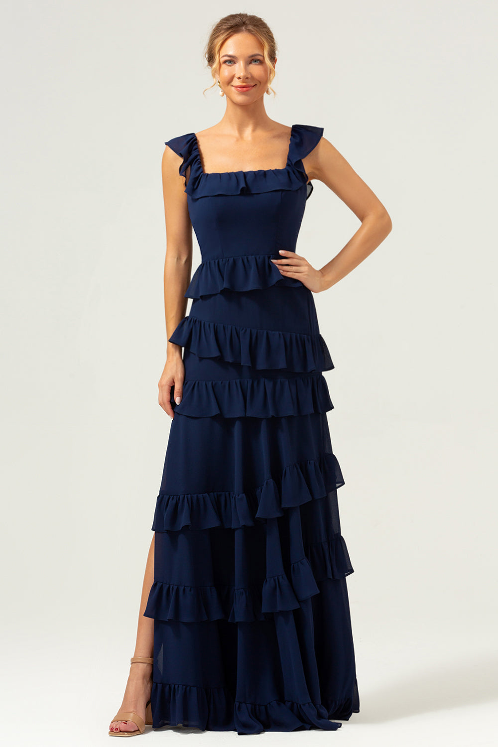 Wedtrend Women Dark Navy Bridesmaid Dress with Ruffles A Line Square Neck Tiered Long Chiffon Wedding Guest Dress, Dark Navy / US12 Wedtrend Women Dark Navy Bridesmaid Dress with Ruffles A Line Square Neck Tiered Long Chiffon Wedding Guest Dress, Dark Navy / US12