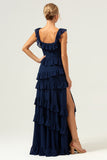 Dark Navy A Line Square Neck Tiered Long Chiffon Bridesmaid Dress with Ruffles