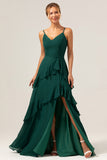 Dark Green A Line V Neck Ruffled Chiffon Tiered Long Bridesmaid Dress with Slit