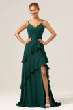 Dark Green A Line V Neck Ruffled Chiffon Tiered Long Bridesmaid Dress with Slit