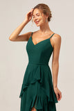Dark Green A Line V Neck Ruffled Chiffon Tiered Long Bridesmaid Dress with Slit