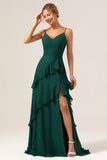 Dark Green A Line V Neck Ruffled Chiffon Tiered Long Bridesmaid Dress with Slit