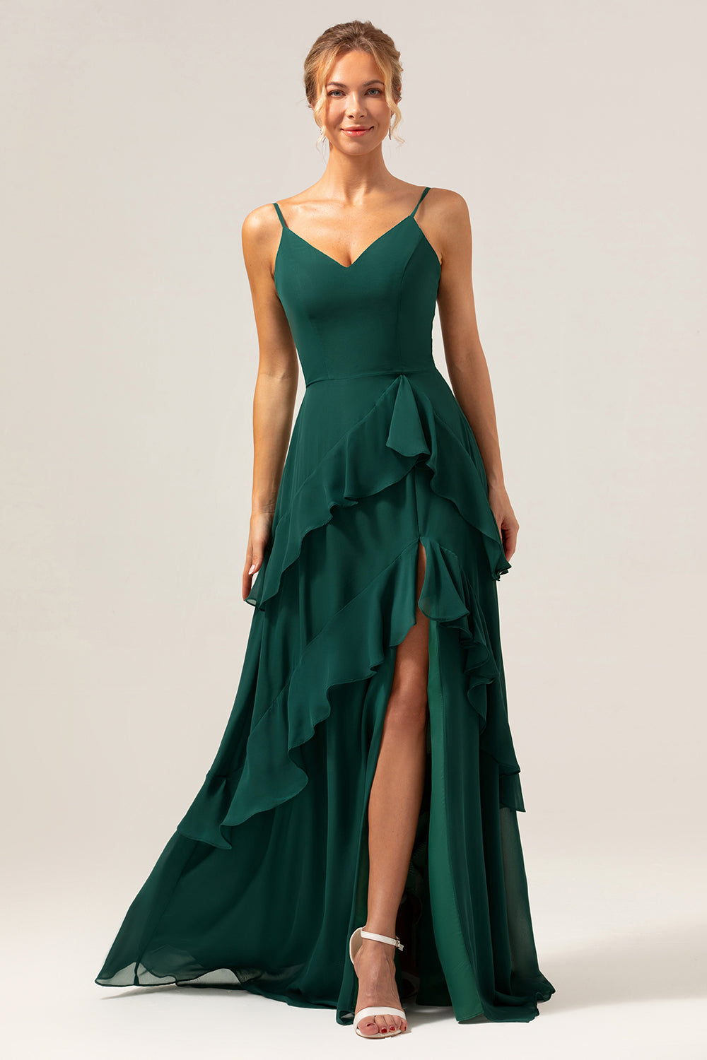 chiffon deep v neckline ruffle slit maxi dress Dark Navy Long V-Neck Ruffle Chiffon Bridesmaid Dress with Split