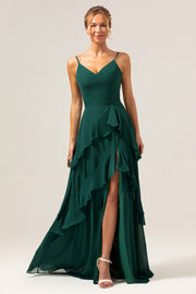 Dark Green A Line V Neck Ruffled Chiffon Tiered Long Bridesmaid Dress with Slit