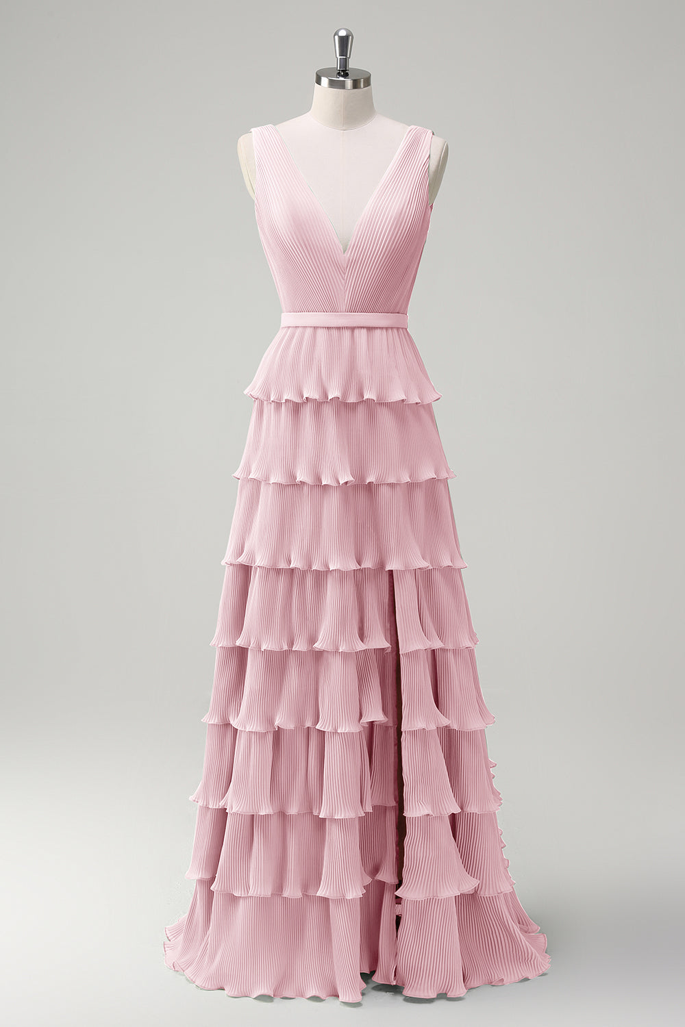 WEDTREND Women Blush Pink Bridesmaid Dress with Slit A Line V-Neck Pleated Tiered Backless Long Prom Dress, Blush Pink / US16