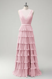 Blush Pink A Line V-Neck Pleated Tiered Backless Long Bridesmaid Dress with Slit