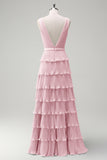 Blush Pink A Line V-Neck Pleated Tiered Backless Long Bridesmaid Dress with Slit
