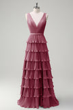 Blush Pink A Line V-Neck Pleated Tiered Backless Long Bridesmaid Dress with Slit