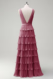 Blush Pink A Line V-Neck Pleated Tiered Backless Long Bridesmaid Dress with Slit