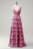 Blush Pink A Line V-Neck Pleated Tiered Backless Long Bridesmaid Dress with Slit