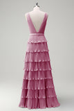 Blush Pink A Line V-Neck Pleated Tiered Backless Long Bridesmaid Dress with Slit