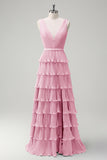 Blush Pink A Line V-Neck Pleated Tiered Backless Long Bridesmaid Dress with Slit