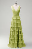 Dusty Sage A Line V-Neck Pleated Tiered Open Back Long Bridesmaid Dress with Slit