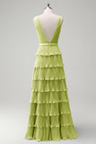 Dusty Sage A Line V-Neck Pleated Tiered Open Back Long Bridesmaid Dress with Slit