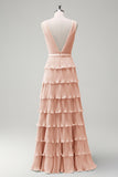 Blush Pink A Line V-Neck Pleated Tiered Backless Long Bridesmaid Dress with Slit