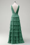 Dusty Sage A Line V-Neck Pleated Tiered Open Back Long Bridesmaid Dress with Slit