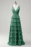 Dusty Sage A Line V-Neck Pleated Tiered Open Back Long Bridesmaid Dress with Slit