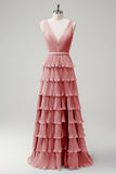 Blush Pink A Line V-Neck Pleated Tiered Backless Long Bridesmaid Dress with Slit