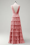 Blush Pink A Line V-Neck Pleated Tiered Backless Long Bridesmaid Dress with Slit