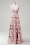 Blush Pink A Line V-Neck Pleated Tiered Backless Long Bridesmaid Dress with Slit