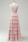 Blush Pink A Line V-Neck Pleated Tiered Backless Long Bridesmaid Dress with Slit
