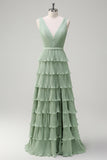 Dusty Sage A Line V-Neck Pleated Tiered Open Back Long Bridesmaid Dress with Slit
