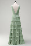 Dusty Sage A Line V-Neck Pleated Tiered Open Back Long Bridesmaid Dress with Slit