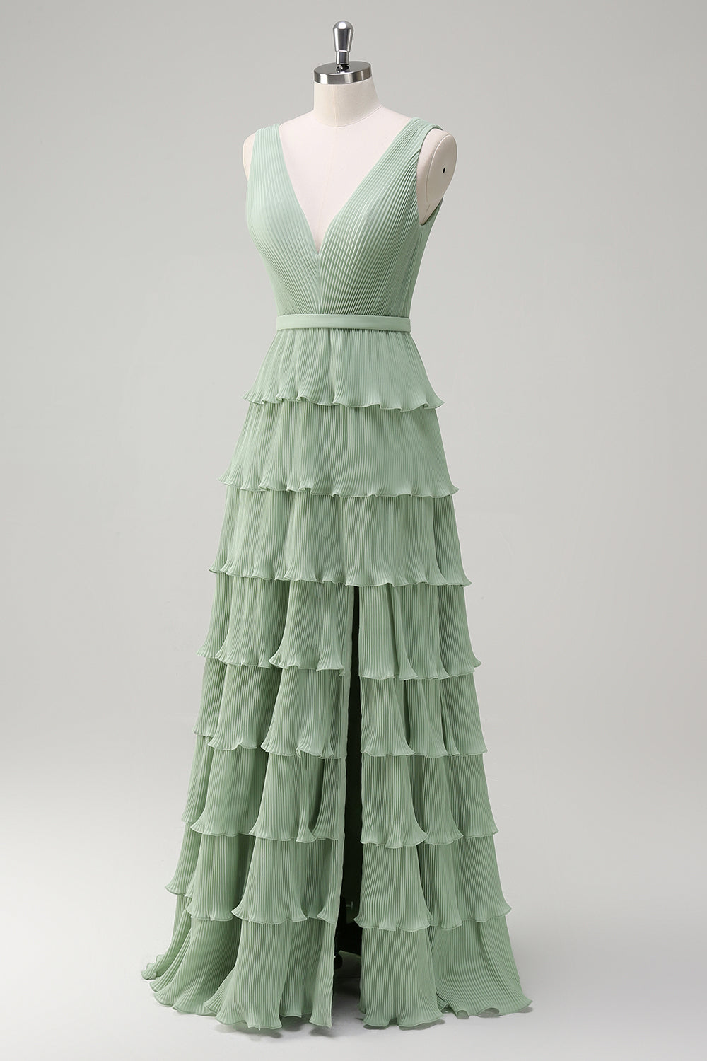 WEDTREND Women Green Bridesmaid Dress with Slit A-Line V-Neck Pleated Tiered Open Back Long Wedding Guest Dress WEDTREND Women Green Bridesmaid Dress with Slit A-Line V-Neck Pleated Tiered Open Back Long Wedding Guest Dress