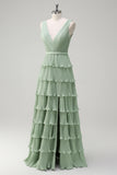 Dusty Sage A Line V-Neck Pleated Tiered Open Back Long Bridesmaid Dress with Slit