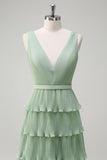 Dusty Sage A Line V-Neck Pleated Tiered Open Back Long Bridesmaid Dress with Slit