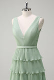 Dusty Sage A Line V-Neck Pleated Tiered Open Back Long Bridesmaid Dress with Slit