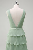 Dusty Sage A Line V-Neck Pleated Tiered Open Back Long Bridesmaid Dress with Slit