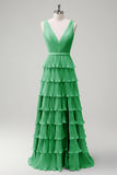 Dusty Sage A Line V-Neck Pleated Tiered Open Back Long Bridesmaid Dress with Slit