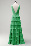 Dusty Sage A Line V-Neck Pleated Tiered Open Back Long Bridesmaid Dress with Slit