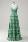 Dusty Sage A Line V-Neck Pleated Tiered Open Back Long Bridesmaid Dress with Slit