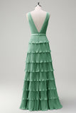 Dusty Sage A Line V-Neck Pleated Tiered Open Back Long Bridesmaid Dress with Slit