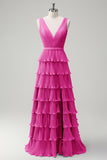 Blush Pink A Line V-Neck Pleated Tiered Backless Long Bridesmaid Dress with Slit