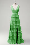 Dusty Sage A Line V-Neck Pleated Tiered Open Back Long Bridesmaid Dress with Slit