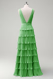 Dusty Sage A Line V-Neck Pleated Tiered Open Back Long Bridesmaid Dress with Slit