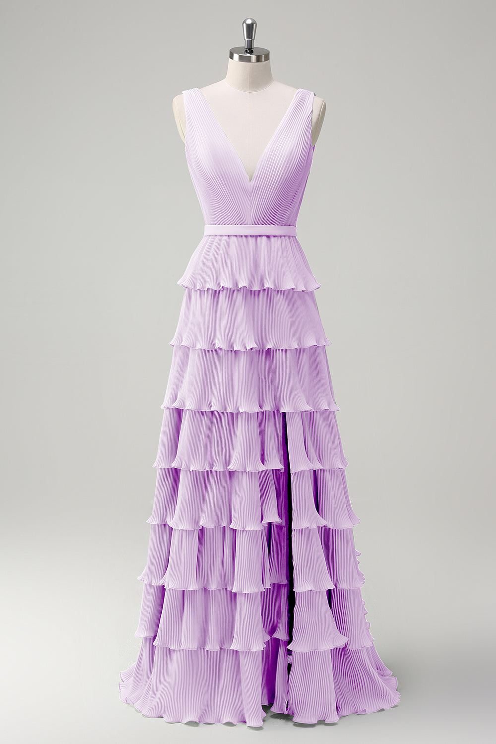 WEDTREND Women Lilac Bridesmaid Dress with Slit A Line V-Neck Pleated Tiered Backless Long Prom Dress WEDTREND Women Lilac Bridesmaid Dress with Slit A Line V-Neck Pleated Tiered Backless Long Prom Dress