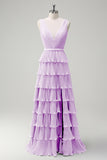 A Line V-Neck Pleated Tiered Backless Long Lilac Bridesmaid Dress with Slit