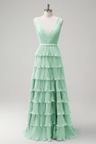 Dusty Sage A Line V-Neck Pleated Tiered Open Back Long Bridesmaid Dress with Slit