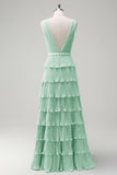 Dusty Sage A Line V-Neck Pleated Tiered Open Back Long Bridesmaid Dress with Slit