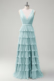 Dusty Sage A Line V-Neck Pleated Tiered Open Back Long Bridesmaid Dress with Slit
