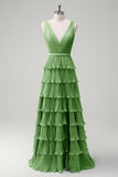 Dusty Sage A Line V-Neck Pleated Tiered Open Back Long Bridesmaid Dress with Slit